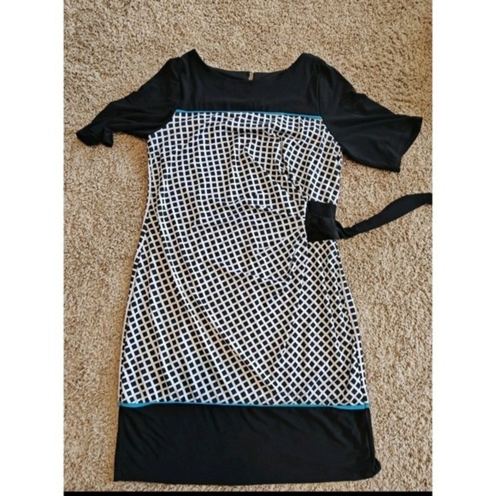 Avenue Womens Black White Grid Sheath Dress Short Sleeve Size 14/16 Tie Side